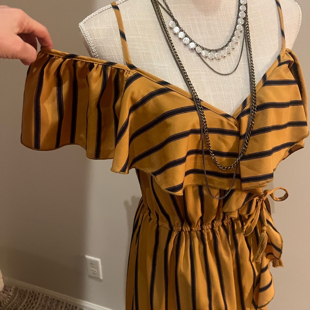 Striped Off-Shoulder Mustard Dress